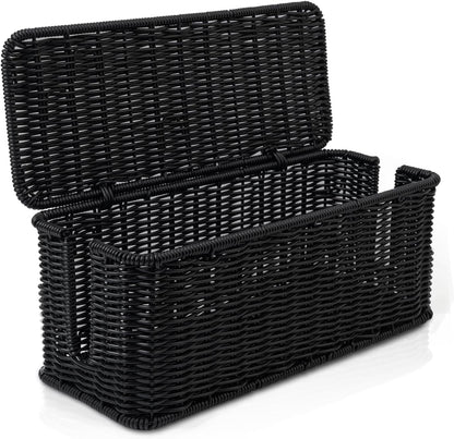 Cable Management Box, Handmade Rattan Cable Organizer, 2 Open Slots Cords Hider Box, Under Desk Cord Organizer for Computer Router USB Hub & Power Strip, Patent Pending, 13" x 5.1" x 5.1", Black