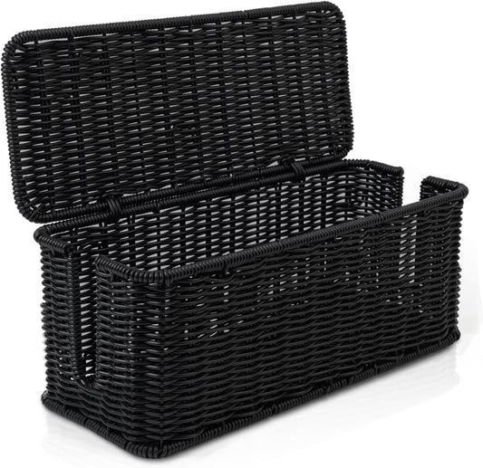 Cable Management Box, Handmade Rattan Cable Organizer, 2 Open Slots Cords Hider Box, Under Desk Cord Organizer for Computer Router USB Hub & Power Strip, Patent Pending, 13" x 5.1" x 5.1", Black