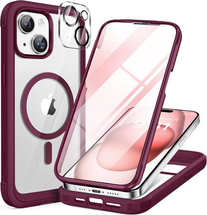 Miracase Glass Series for iPhone 15 Case [Compatible with MagSafe] Full-Body Magnetic Case with Built-in 9H Tempered Glass Anti-Fingerprint Screen Protector + Camera Lens Protector, Wine Red