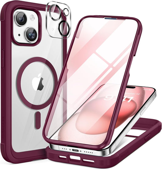 Miracase Glass Series for iPhone 15 Case [Compatible with MagSafe] Full-Body Magnetic Case with Built-in 9H Tempered Glass Anti-Fingerprint Screen Protector + Camera Lens Protector, Wine Red