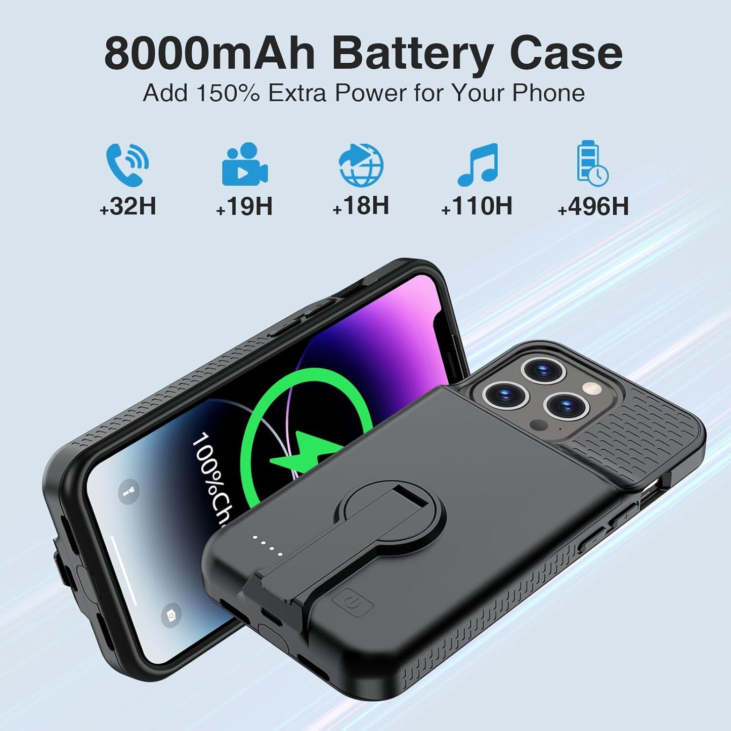 GIN FOXI Battery Case for iPhone 14 Pro Max/14 Plus/13/12 Pro Max, Charging Cases with Stand 8000mAh Portable Extended Case Cover Juice Box for iPhone 14 Pro Max, 14Plus, 13/12Pro Max (6.7”) Black