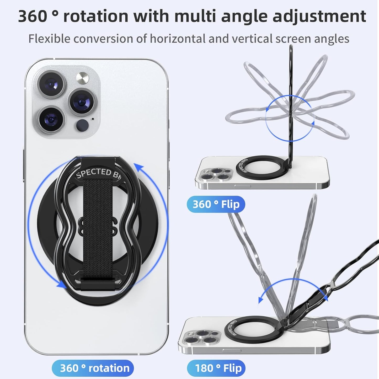 RESPECTED-BRO-Magnetic-Phone-Grip-Stand-with-Finger-Strap, 4-in-1 Magnetic Ring Holder, Kickstand and Elastic Strap for Smartphones, Universal Fit for iPhone, Android, and Cases (Black)