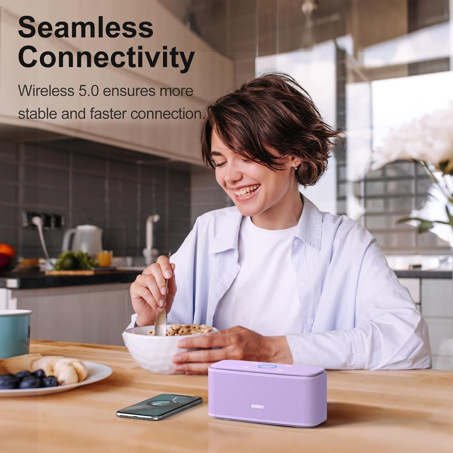 DOSS SoundBox Touch Wireless Bluetooth Speaker with 12W HD Sound and Bass, IPX5 Water-Resistant, 20H Playtime, Handsfree, Portable for Office, Home, Outdoor, Travel-Purple