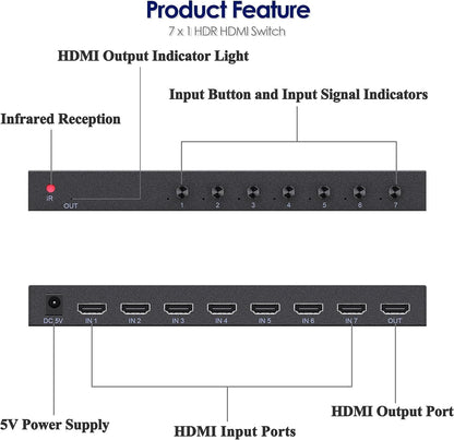 7 Way HDMI Switch 4k@60Hz HDMI Switcher 7 in 1 Out HDCP 2.0 Manual HDMI 2.0 Hub Supports 3D Compatible with Nintendo Switch/Switch OLED/Xbox/ PS5/4/3 Blu-Ray Player Fire Stick Roku Apple TV Chromeca