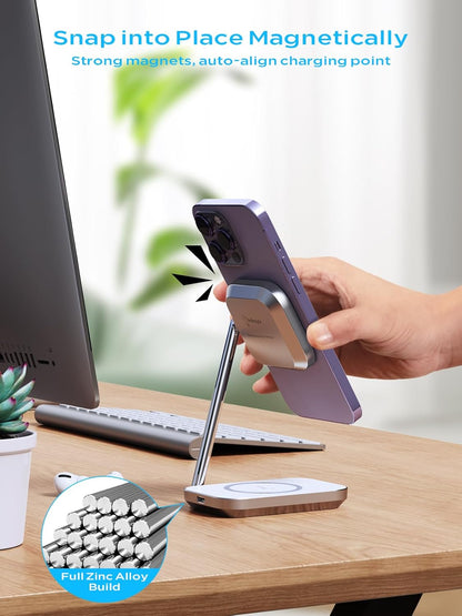 2-in-1 Magsafe Charger Stand, Zinc Alloy Foldable Magnetic Wireless Charger, 20W Portable Fast Wireless Charging Station for iPhone 15/14/13/12 Series, AirPods 3/Pro/2