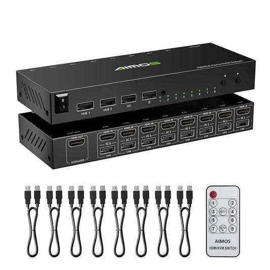 HDMI KVM Switch 1 Monitor 8 Computers 4K@30Hz, 8 Port HDMI KVM Switches for 8 Computers Share 1 Monitor Keyboard and Mouse, Support Hotkey Switch, Remote Control and 8 USB Cables Included