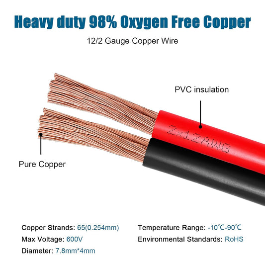 12 Gauge Wire 2 Conductors Copper Wire, 12 AWG Battery Cable Oxygen Free Copper Wire for Solar Panel, Automotive, Trailer, RV and Speaker (12 Gauge 50FT)