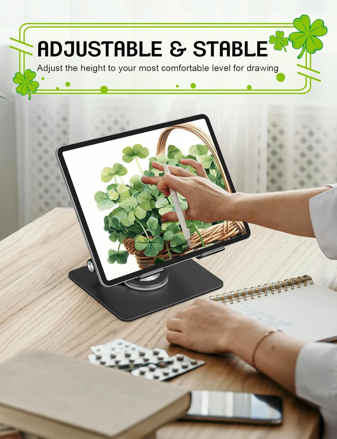 Tablet Stand for iPad, 360° Rotating Aluminum Desktop Holder – Adjustable & Foldable Desk Stand Compatible with iPad Pro 12.9/11, Air 10.9, Samsung Tab S9, Portable for Home Office, Black