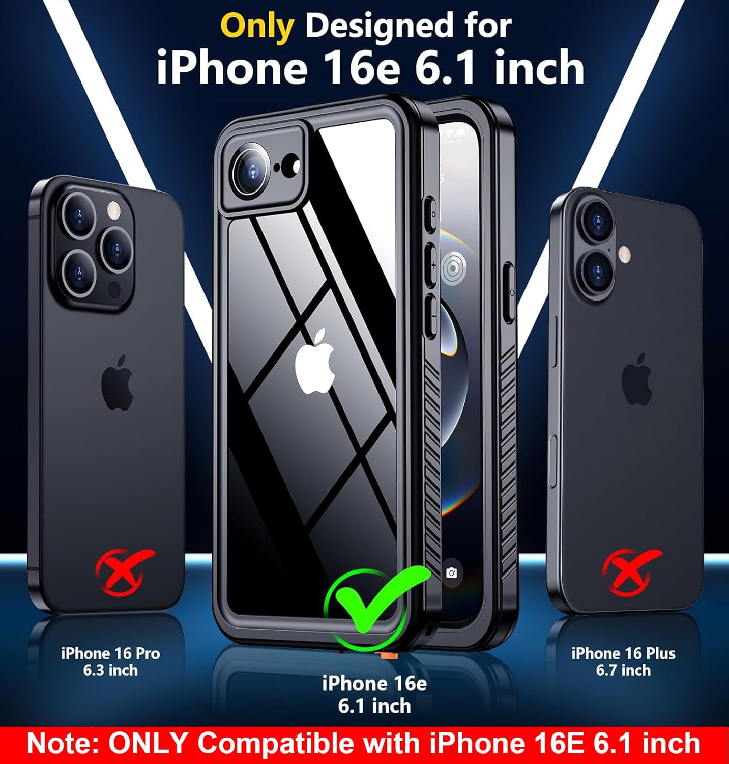 SPIDERCASE for iPhone 16e Case Waterproof,Built-in Screen & Camera Lens Protector[IP68 Underwater] Full Body Protection Phone Case for iPhone 16e 6.1'', Black/Clear