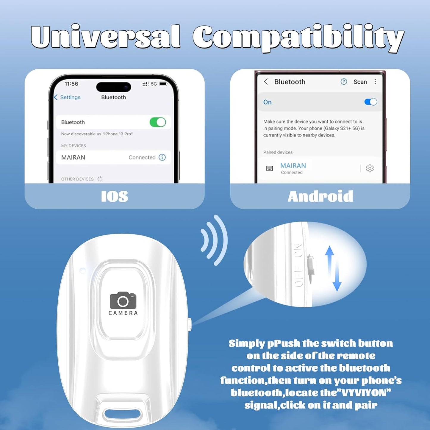 MAIRAN Rechargeable Wireless Camera Remote Shutter for iPhone and Android Smartphones, Bluetooth Phone Remote Control,Selfie Button for Photos and Videos Charging Cable Included-White