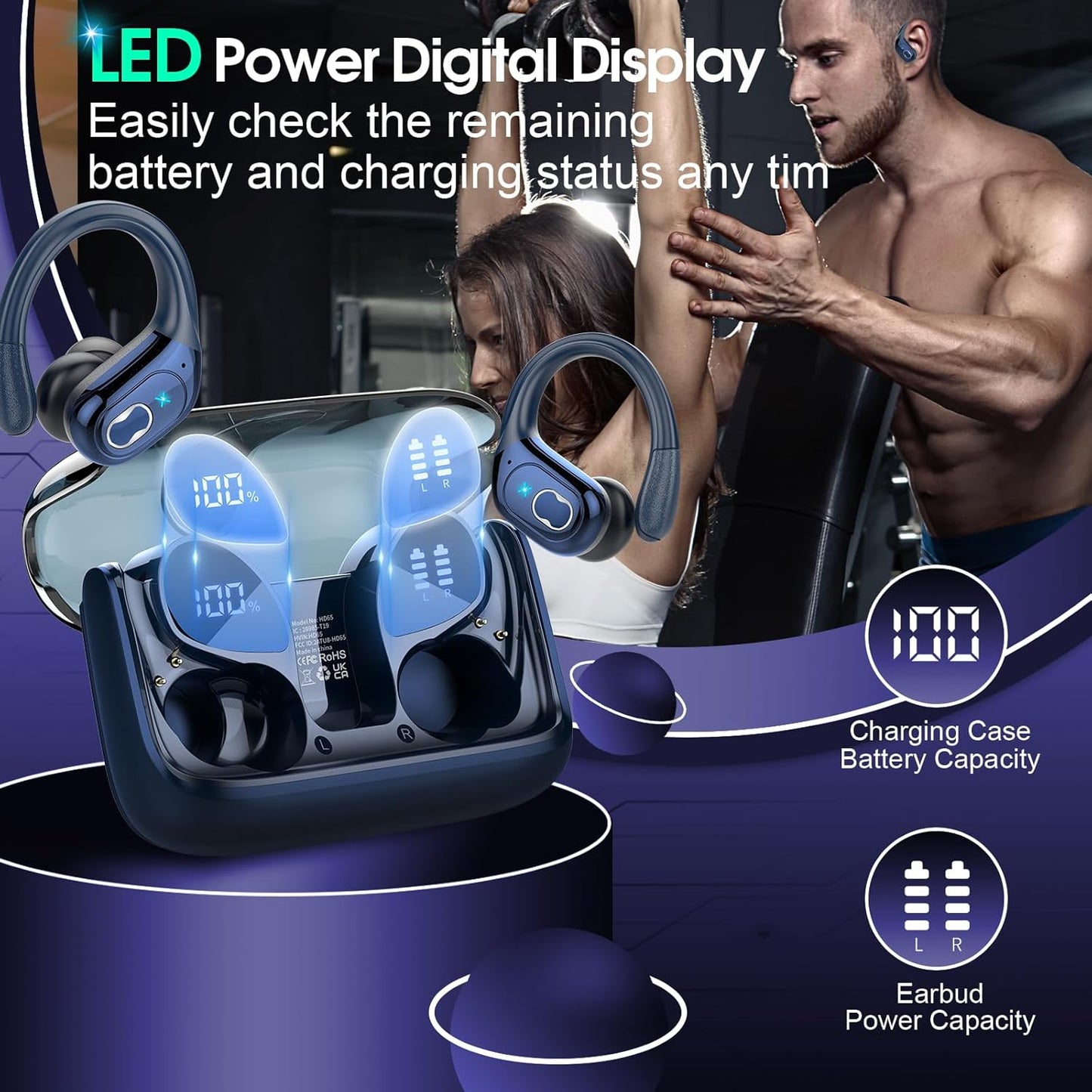 Wireless Earbuds 75hrs Bluetooth 5.4 Headphone Sport, 2025 Bluetooth Earbuds Stereo Deep Bass Over Ear Bud with Earhooks, ENC Noise Cancelling Mic, IPX7 Waterproof Earphone, Royal Blue