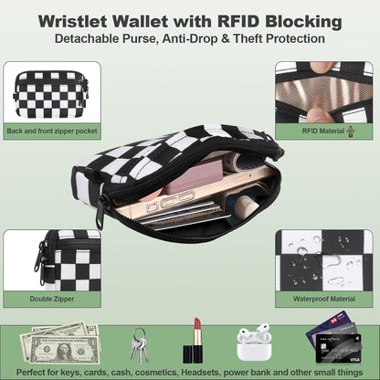 Clip and Go Strap for Phone with Wallet Crossbody, Adjustable Phone Lanyard with Detachable RFID Wristlet Wallet, Phone Strap with Phone Tabs for All Phones, Black Checkered (M)