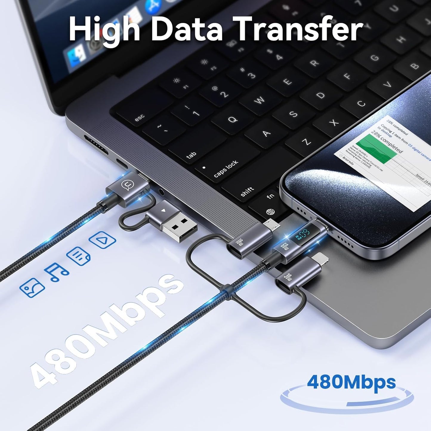 Multi Charger Cord 6 in 1 USB Cable Fast Charging Cable - PD 60w USB c Multi Fast Charging Cable with Led Display - 6 ft USB C/A to Type C/Phone/Micro Charger Cable Com patible with Phone/Laptops