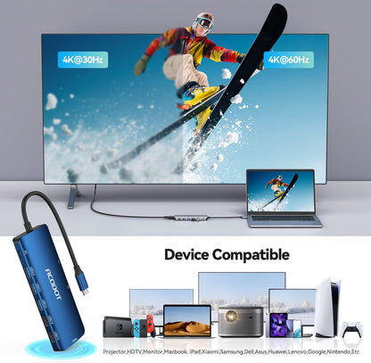 Acodot 9 in 1 USB C to 4K@60HZ HDMI Multiport Adapter, 3 USB 3.0 Ports, SD/TF Card Reader, 100W PD, Designed for MacBook Pro Air HP XPS etc, Blue