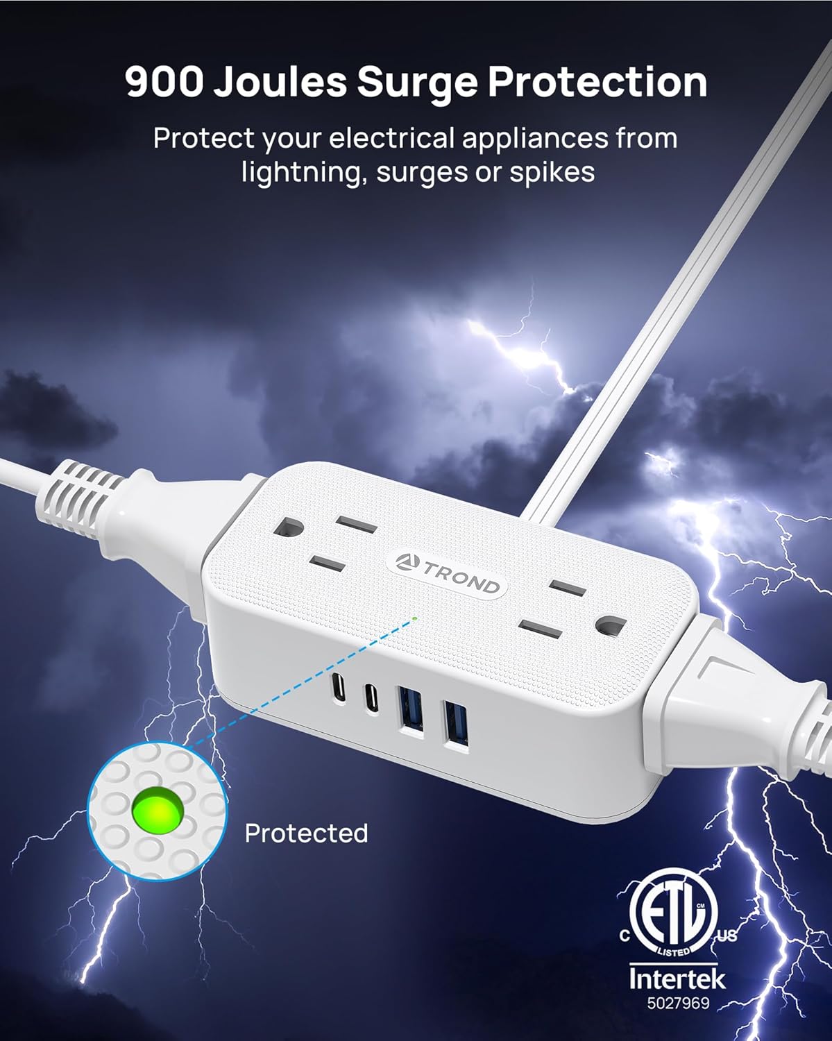 TROND 360° Rotating Flat Plug Power Strip, 5FT Extension Cord with 4 USB Ports, 4 Wide Spaced AC Outlets, Wall Mount, 900J Surge Protector for Office Travel Dorm Room Essentials, White