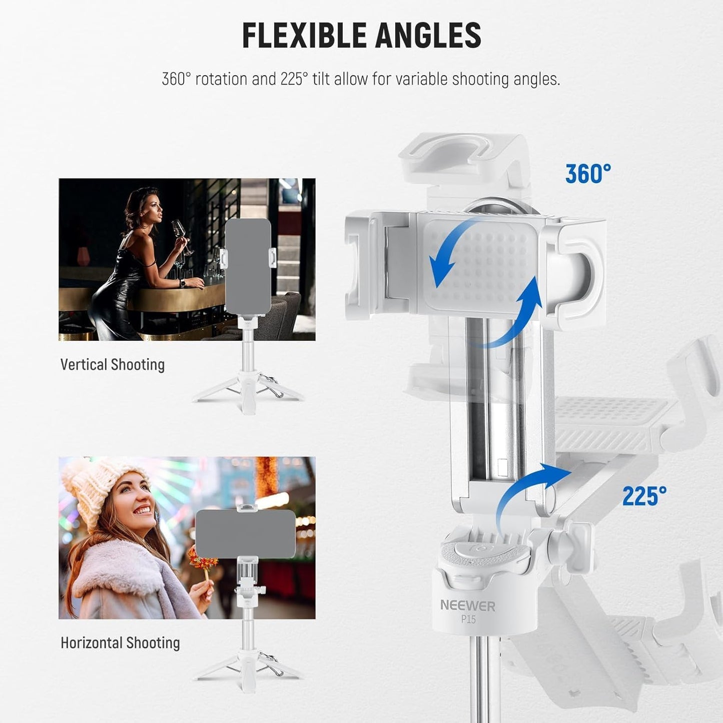 NEEWER Selfie Stick with Detachable Bluetooth Remote Shutter, Lightweight Foldable Travel Tripod for iPhone for YouTube/TikTok Vlogs Live Streaming Photography, White, P15