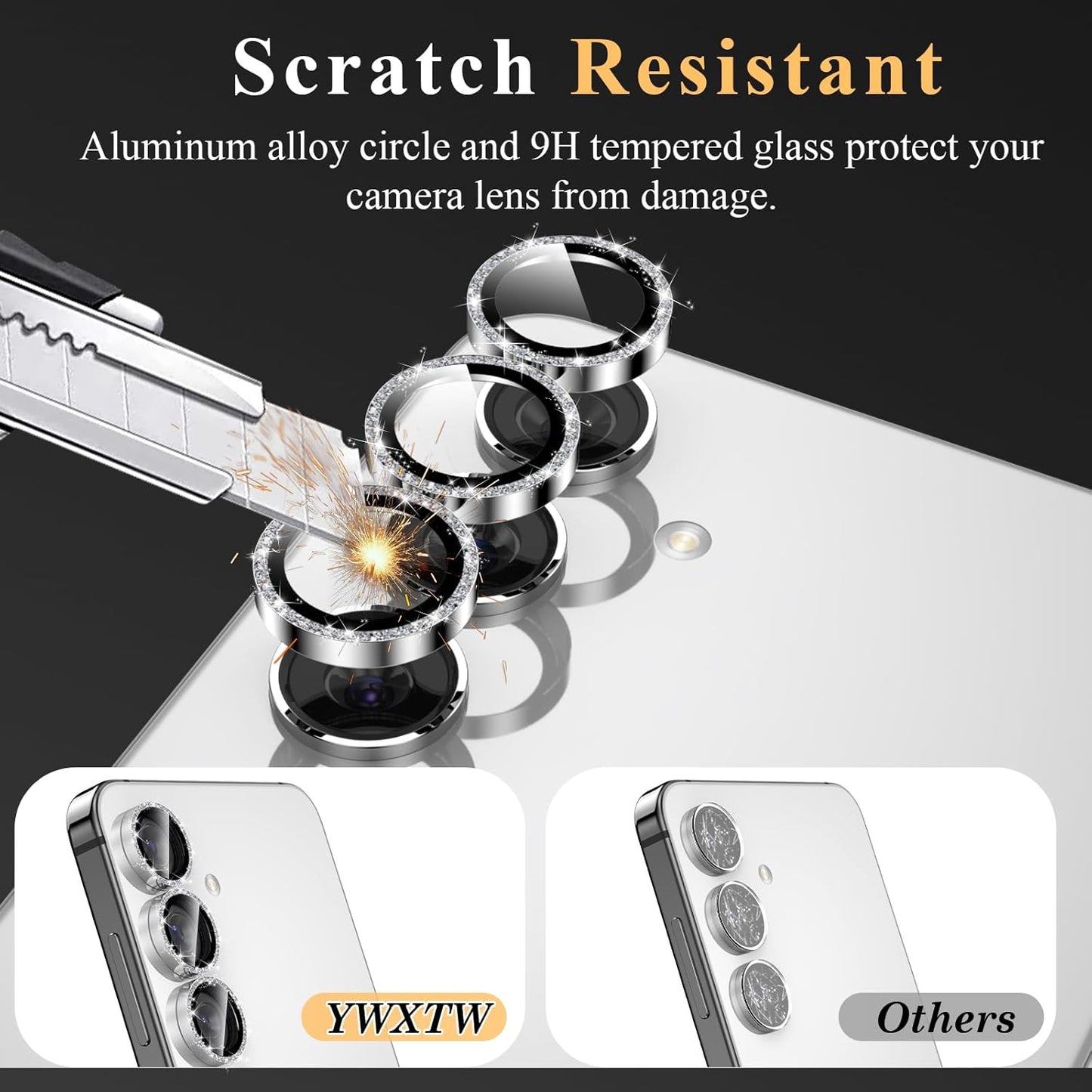 YWXTW Camera Lens Protector for Samsung Galaxy S24 / S23 / S23 Plus, [NOT for S24 Plus] 9H Tempered Glass Metal Individual Ring Camera Screen Protector for S24 Accessories (Silver Glitter)