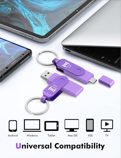 MOSDART 512GB USB3.1 Fast Speed C and A Dual Flash Drive, exFAT Memory Stick with Keychain and LED Indicator, for iPhone 15 and 16, Android Phone, iPad, MacBook, and Other Laptops, Purple