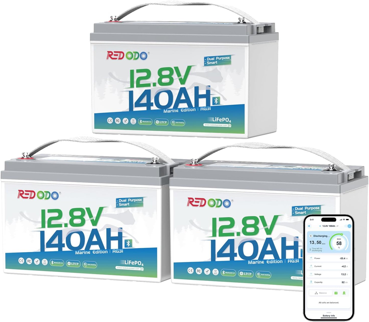 Redodo 12V 140Ah Dual Purpose Lithium Marine Battery, 1000CCA Group 31 Bluetooth Starting Battery with Self Heating, 3 Pack