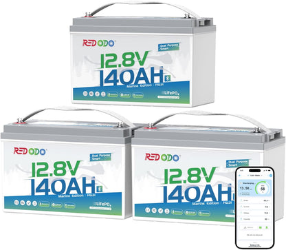 Redodo 12V 140Ah Dual Purpose Lithium Marine Battery, 1000CCA Group 31 Bluetooth Starting Battery with Self Heating, 3 Pack