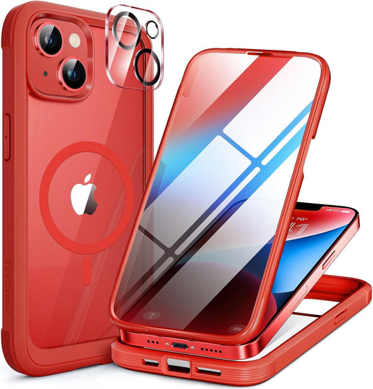 Miracase Magnetic for iPhone 14 Case 6.1", [Built-in Tempered Glass Screen Protector + Lens Protector] [Compatible with MagSafe] Full-Body Protective Bumper 14 Phone Cover, Red