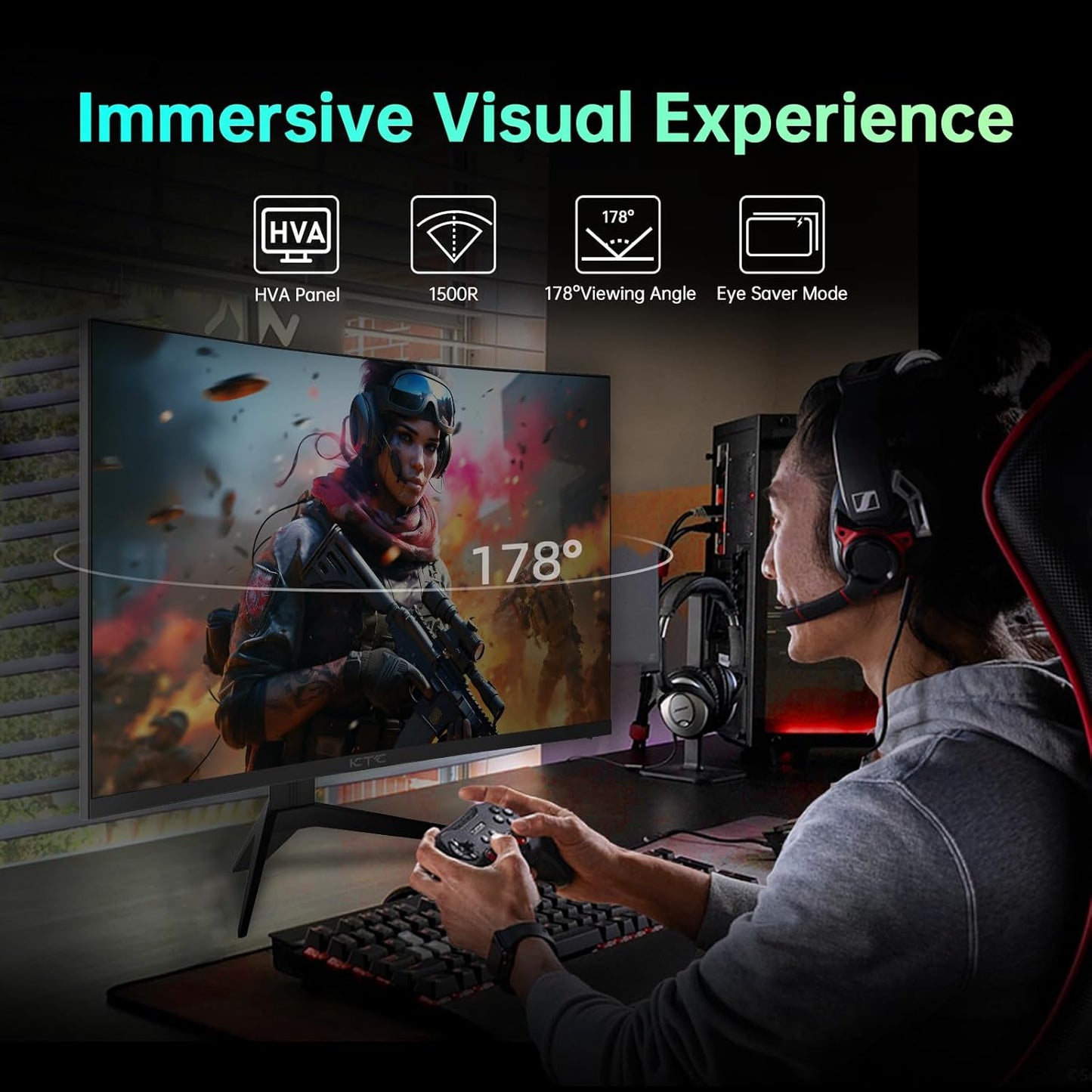 KTC 32 inch Curved Gaming Monitor, 180Hz 1ms MPRT, 2K 1440P 144Hz Monitor, 1500R HVA Display, Adaptive Sync, HDR, 120% sRGB, DisplayPort HDMI, Vesa Support 3.9x3.9'', PC Moniter for Gamers