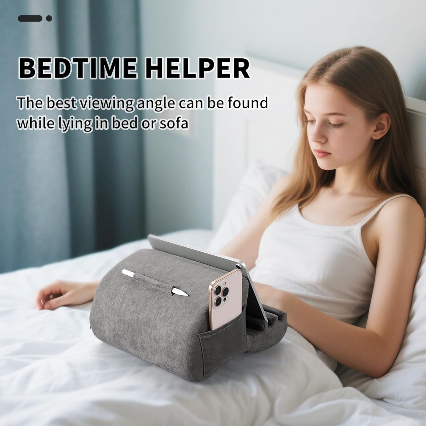 CreaDream Tablet Pillow Stand, Pillow Pad for IPad, Tablet Holder for Bed, Lap and Desk with 3 Viewing Angles, Tablet Accessory Compatible with 4-13 inch Kindle, Galaxy Tab, E-Reader (Gray)