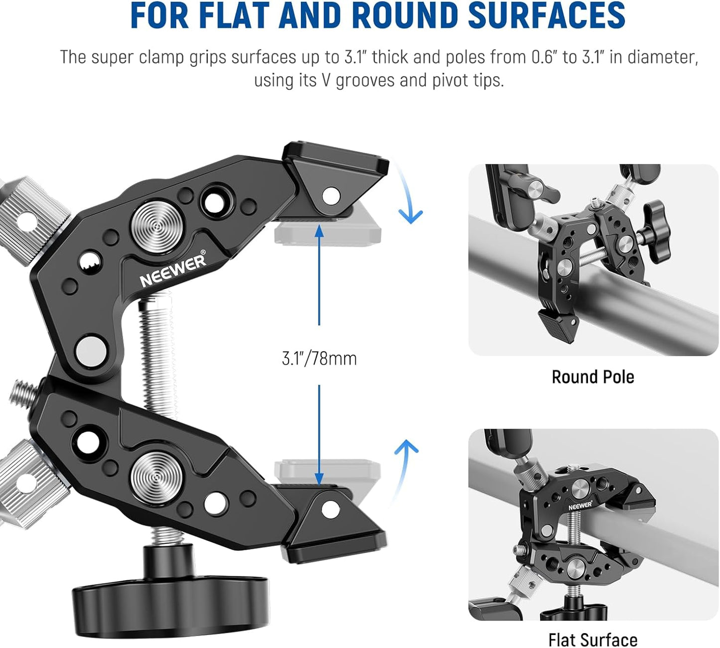 NEEWER Heavy Duty Super Clamp with Two 360° Dual Ball Head Magic Arms, 1/4" 3/8" Screw Threads, Phone & Action Camera Mount Adapter for Flat/Round Surface Compatible with GoPro DJI Insta360 DSLR