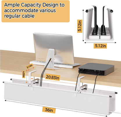 Under Desk Cable Management Tray - 36" Cord Organizer for Desk No Drill, Fabric Under Table Wire Organizer with 16X Cable Ties Hide for Office/Home, Cord Hider Fits Adapters & Sockets, White