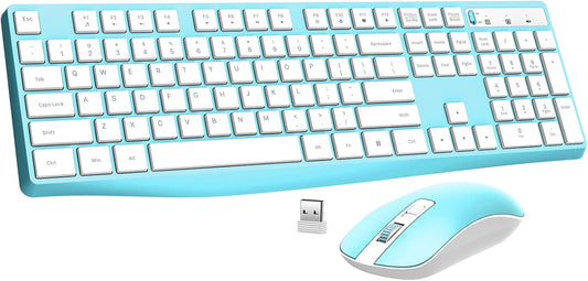Wireless Keyboard and Mouse Combo, Lovaky 2.4G Full-Sized Ergonomic Keyboard Mouse, 3 DPI Adjustable Cordless USB Keyboard and Mouse, Quiet Click for Computer/Laptop/Windows/Mac (1 Pack, Blue)
