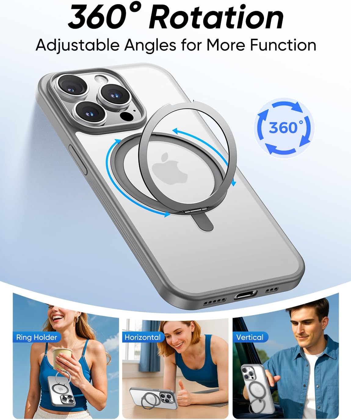 MAGIC JOHN 360° Rotatable Magnetic Invisible Stand for iPhone 14 Pro Case [Anti-Slip Grip] [Compatible with MagSafe] 16FT Shockproof for iPhone 14 Pro Case with Kickstand, Gray