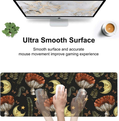 Vintage Magic Forest Desk Mat,Large Moon Amanita Mushroom and Forest Botanical Gaming Keyboard Mouse Pad,Non-Slip Rubber Base Desk Pad Thick Stitched Edges Waterproof Mousepad Mouse Mat 31.5"x11.8"