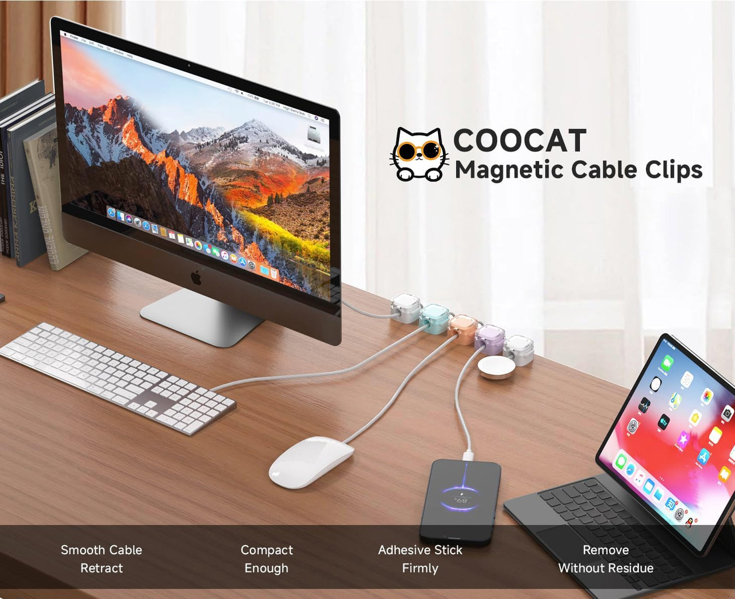 Magnetic Cable Clips, Adjustable Cord Holder Management, Adhesive Wire Keeper Organizer for Home Office Desk Phone PC Car Wall Desktop Nightstand Appliance (8-Pack Crystal Multicolor)