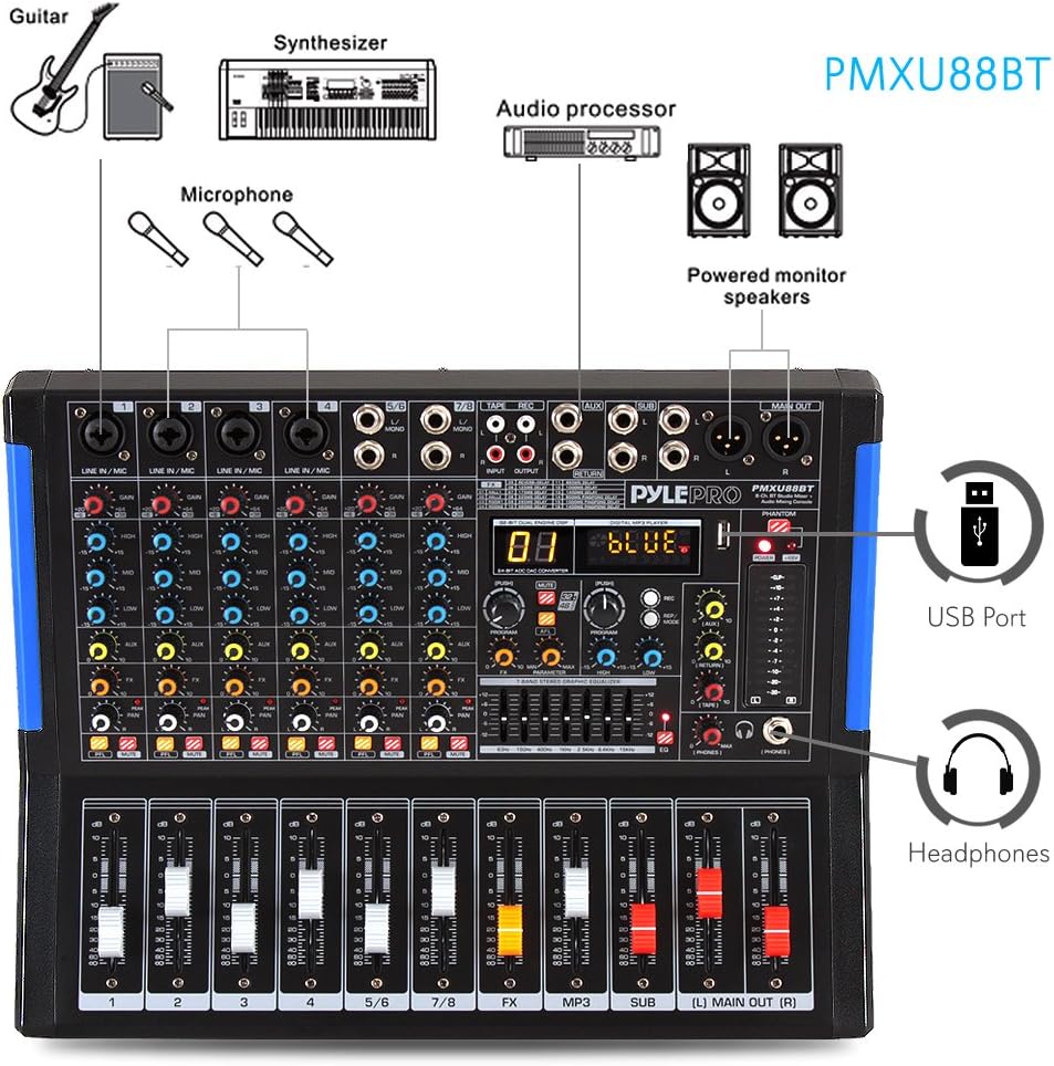 Pyle 8-Channel Bluetooth Studio Audio Mixer- DJ Sound Controller Interface w/ USB Drive for PC Recording Input, XLR Microphone Jack, 48V Power, RCA Input/Output for Professional & Beginners- PMXU88BT