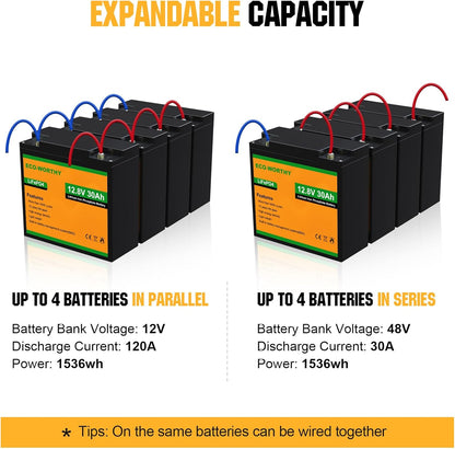 ECO-WORTHY 12V 30Ah LiFePO4 Lithium Battery, 4000+ Deep Cycle Rechargeable Battery with BMS for Ham Radio, Fish Finder, Kids Scooters, Power Wheels, Trolling Motor, Replacement of 12V 35AH SLA