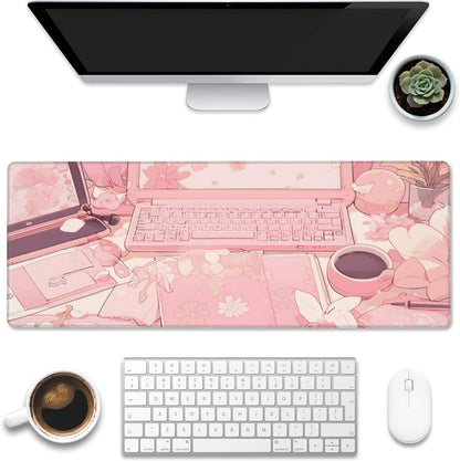 Large Gaming Mouse Pad for Desk,Pink Kawaii Anime Girl Desk Desk Mat,Kawaii Anime Desktop Desk Pad,Extended Big Computer Keyboard Mouse Pad with Non-Slip Base and Stitched Edge,31.5"x11.8"