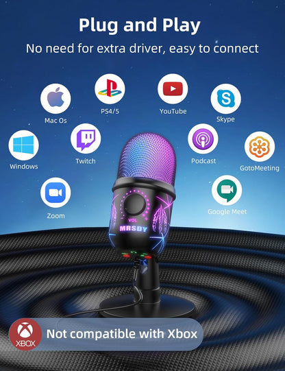 USB Gaming Microphone for PC, Mac, PS4, PS5, Computer Mic with Noise Reduction, Monitor, Mute and RGB, Great for Recording, Streaming, Podcasting