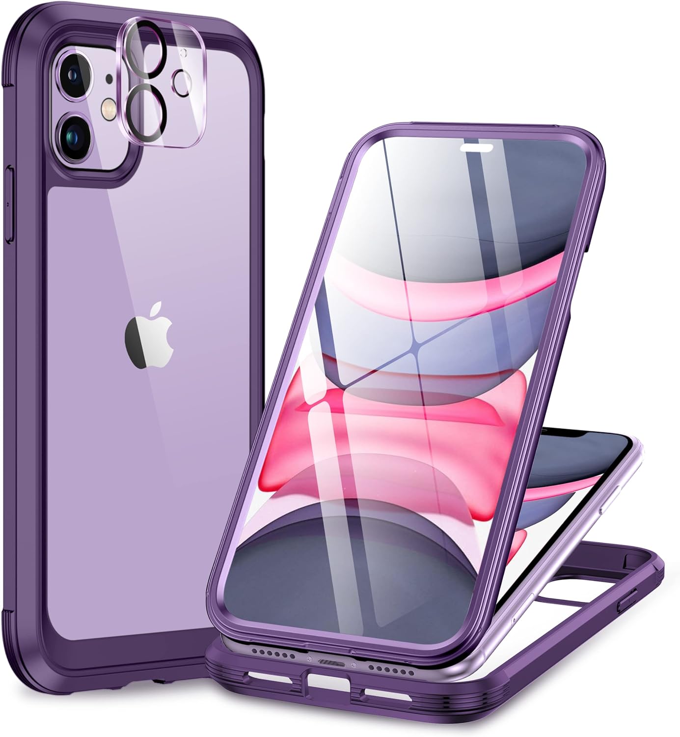 Miracase Glass Series for iPhone 11 Case 6.1 inch, Upgraded Full-Body Rugged Phone Bumper Case Cover with Built-in 9H Tempered Glass Screen Protector and Camera Protector, Purple