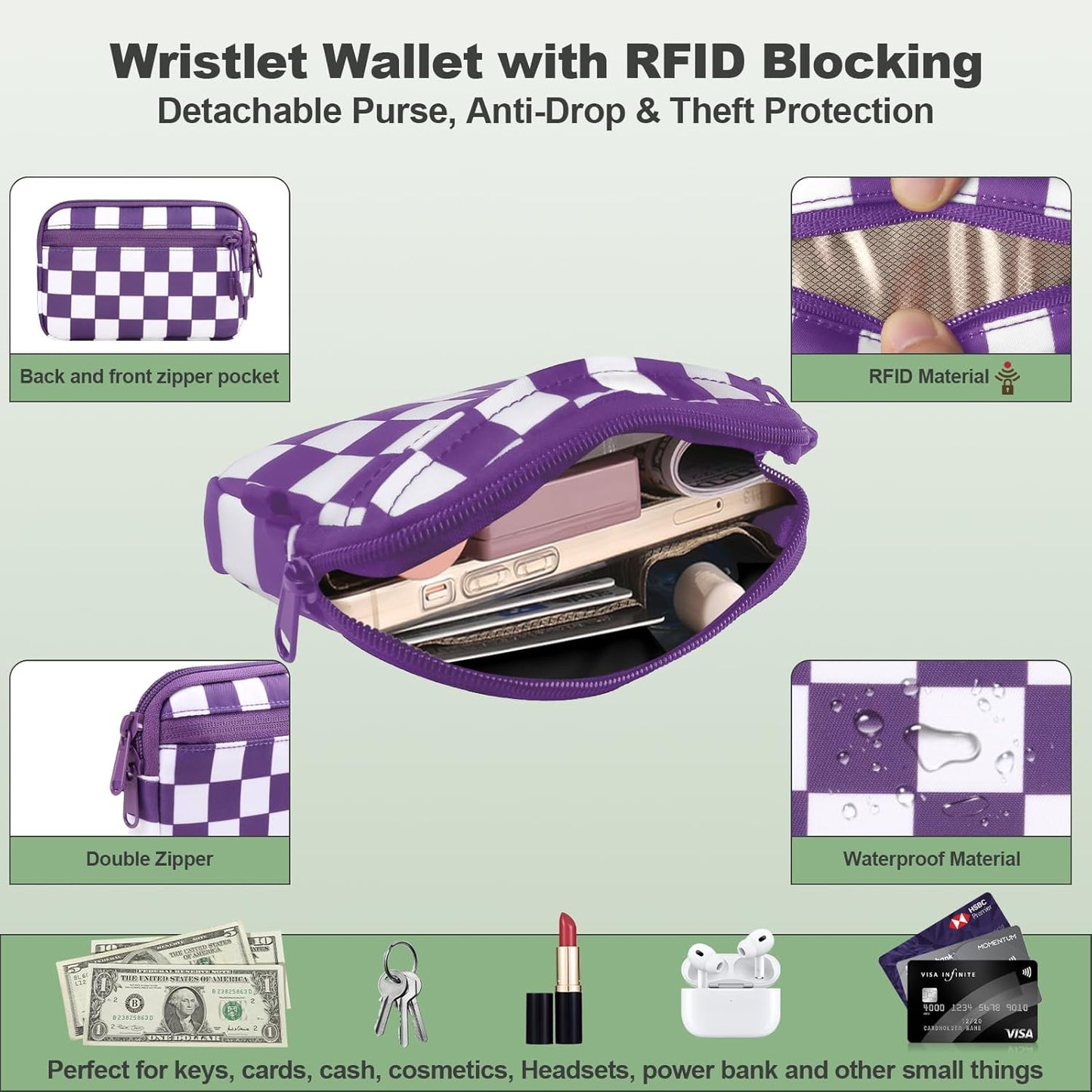 Clip and Go Strap for Phone with Wallet Crossbody, Adjustable Phone Lanyard with Detachable RFID Wristlet Wallet, Phone Strap with Phone Tabs for All Phones, Purple Checkered (M)