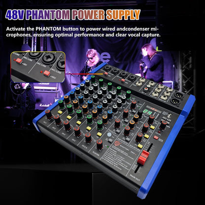 EXOTON Professional Audio Mixer Console, 6 Channel with USB, Bluetooth, MP3 Input, 48V Phantom Power, Ideal for Studio, Live Performance, and DJ Use