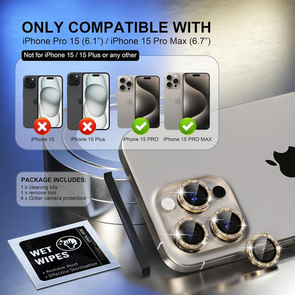 Choiche Compatible for iPhone 15 Pro/iPhone 15 Pro Max Camera Lens Protector Bling, 9H Tempered Glass Camera Cover Screen Protector Metal Ring Decoration Accessories (Glitter-Gold)