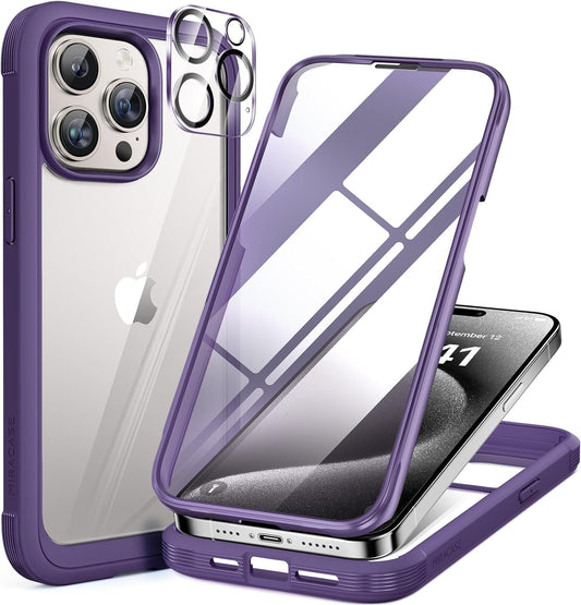 Miracase for iPhone 15 Pro Case Full-Body Built-in Glass Screen Protector& Camera Protector, Military Protective 15 Pro Phone Case Cover 6.1 inch, Purple