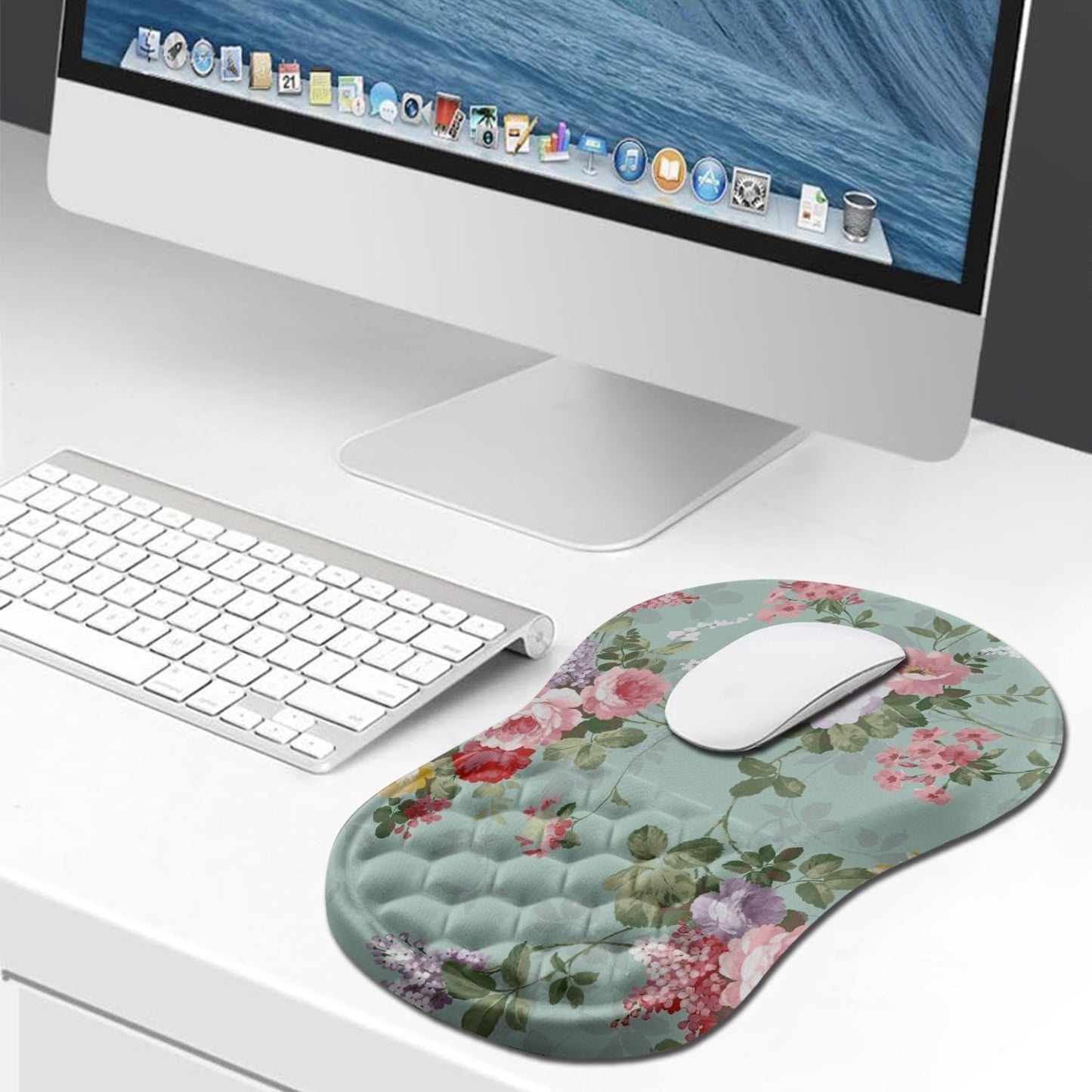 Hokafenle Ergonomic Mouse Pad Wrist Support, Wrist Rest Mousepad for Carpal Tunnel Pain Relief with Integrated Memory Foam Slope Massage Bulge (11.8x7.9 inch,Graceful Peony