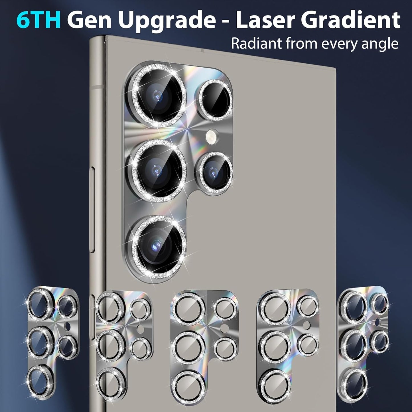 YWXTW Camera Lens Protector for Samsung Galaxy S24 Ultra, [Lithography Laser Gradient] [5X Strengthen] Bling Glitter Tempered Glass Screen Protector Metal Ring Camera Lens Cover (Titanium Gray)