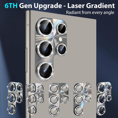 YWXTW Camera Lens Protector for Samsung Galaxy S24 Ultra, [Lithography Laser Gradient] [5X Strengthen] Bling Glitter Tempered Glass Screen Protector Metal Ring Camera Lens Cover (Titanium Gray)