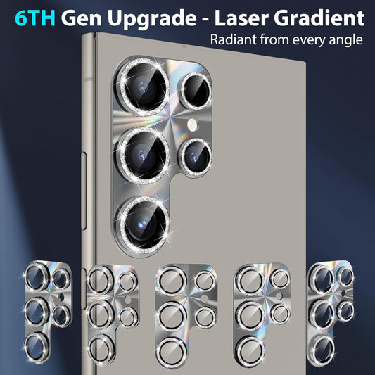 YWXTW Camera Lens Protector for Samsung Galaxy S24 Ultra, [Lithography Laser Gradient] [5X Strengthen] Bling Glitter Tempered Glass Screen Protector Metal Ring Camera Lens Cover (Titanium Gray)