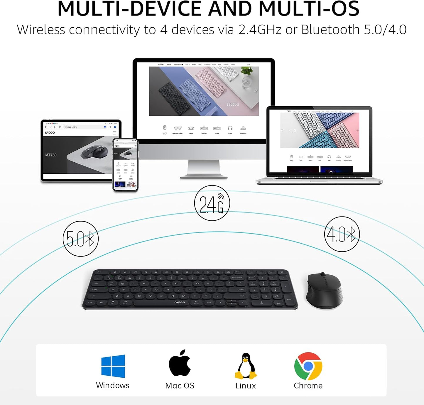 Rapoo 9360M Wireless Keyboard and Mouse Combo, Blade-Series E9310M 99-Key Ultra-Thin Keyboard and M300G Silent Mouse, Support 4 Devices, Quiet, Compact, Battery Powered, for Windows/Mac/Linux/Chrome