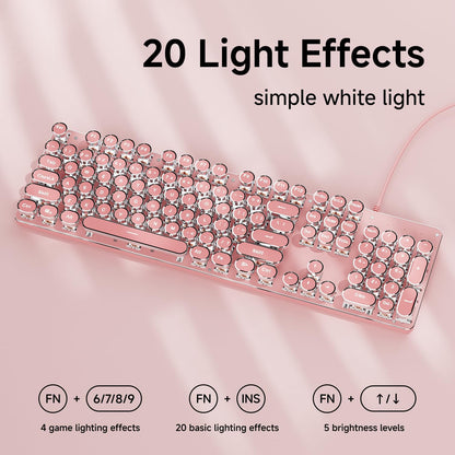EWEADN TK100 Typewriter Keyboard Wired Mechanical Keyboard, 104 Keys Aesthetic Typewriter Keyboards with White Backlit, Anti-Ghosting, Blue Switch Wired Cute Keyboards-Pink