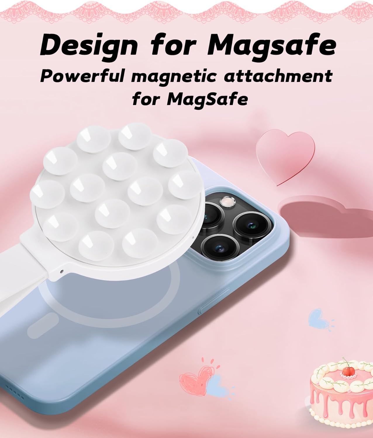 Magnetic Suction Phone Case Mount, Silicone Suction Cup Grip Stand for MagSafe Case, Hands-Free Phone Holder for iPhone 16/15/14 Pro Max, TikTok Videos, Selfies, Women Gift (Light Pink)911001A (White)