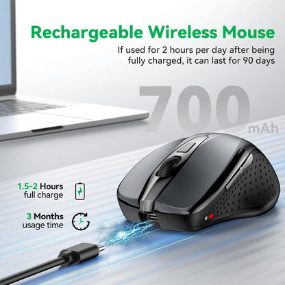 Bluetooth Mouse (BT5.0/3.0 & 2.4G) Rechargeable Wireless Mouse, 4800 DPI Optical Tracking, 6 Adjustable DPI, 2.4GHz with USB A Receiver, Quiet Clicks, Ergonomic Grips, 6 Buttons - Grey